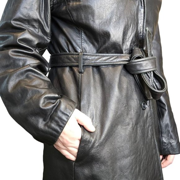 90s Lamb Leather Medium Dark Brown Trench Coat Faux‎ Fur Collar Penny Lane - Picture 3 of 12